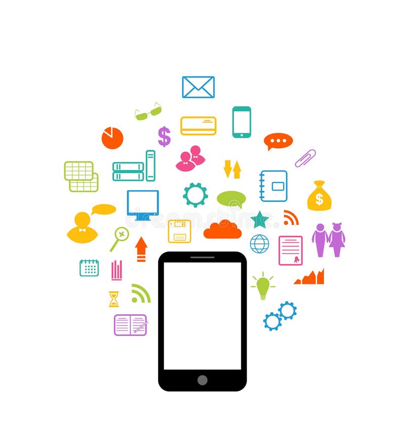 Virtual world with smartphone, set infographic ele royalty free illustration