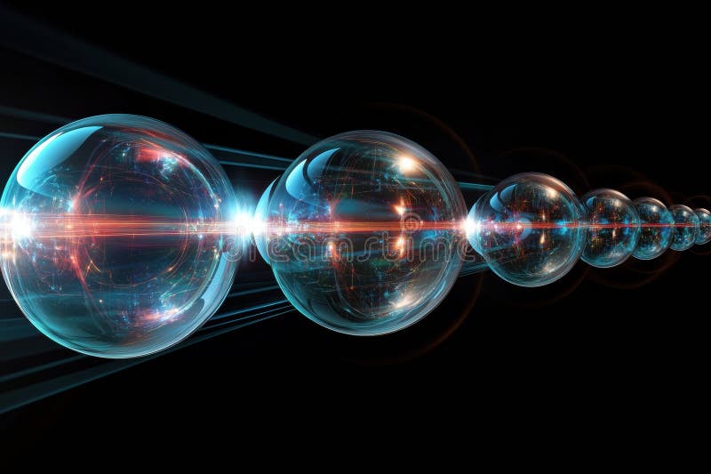 Virtual worlds interconnected by luminous beams and spheres, showcasing creativity in a futuristic setting