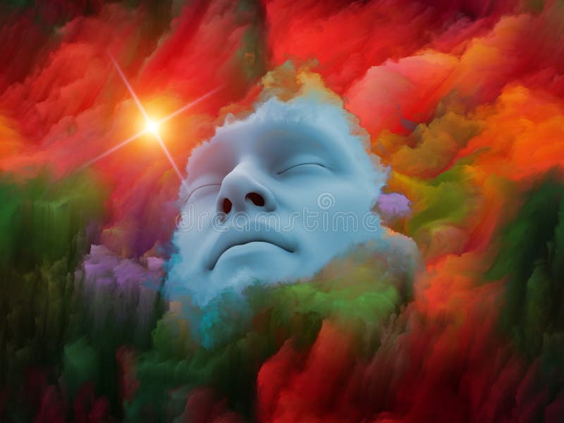 Lucid Dreaming series. Composition of human face and colorful fractal clouds on the subject of dreams, mind, spirituality, imagination and inner world. Lucid Dreaming series. Composition of human face and colorful fractal clouds on the subject of dreams, mind, spirituality, imagination and inner world