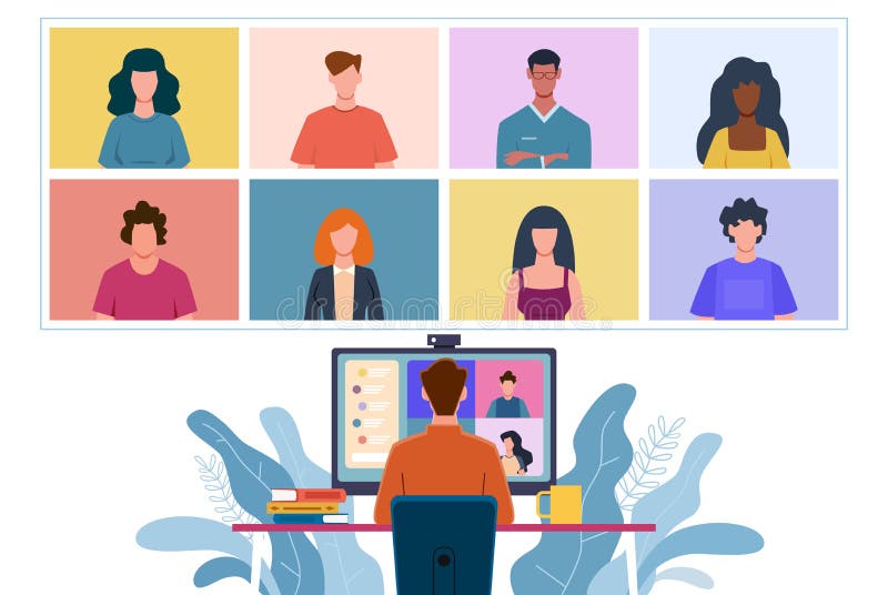 Virtuele vergadering. collectieve videoconferentieman die online chatten met mensen. discussie met vrienden internet Virtuele vergadering. collectieve videoconferentieman die online chatten met mensen. discussie met vrienden internet