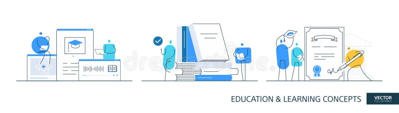 Virtuella utbildningsillustrationer i tunt linjestil. Koncept för linjär vektordesign för studentbibliotek abstrakt. Online royaltyfri illustrationer