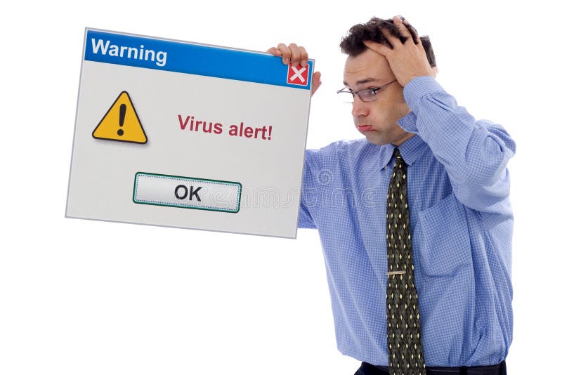 Confuso l'uomo che un virus di avviso (grande software per computer nella finestra di dialogo)