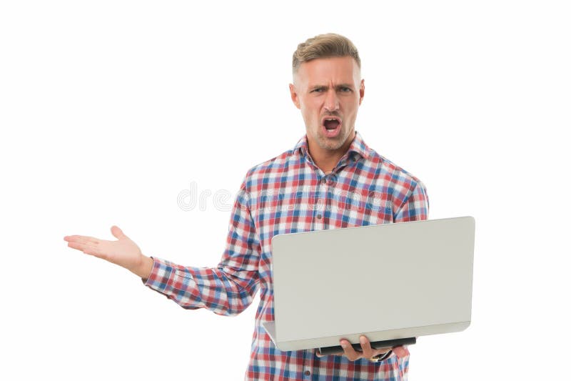 Virus alert. Desperate man hold laptop isolated on white. Computer infected with virus. Virus detection system stock image Virus alert. Desperate man hold laptop isolated on white. Computer infected with virus. Virus detection system stock image