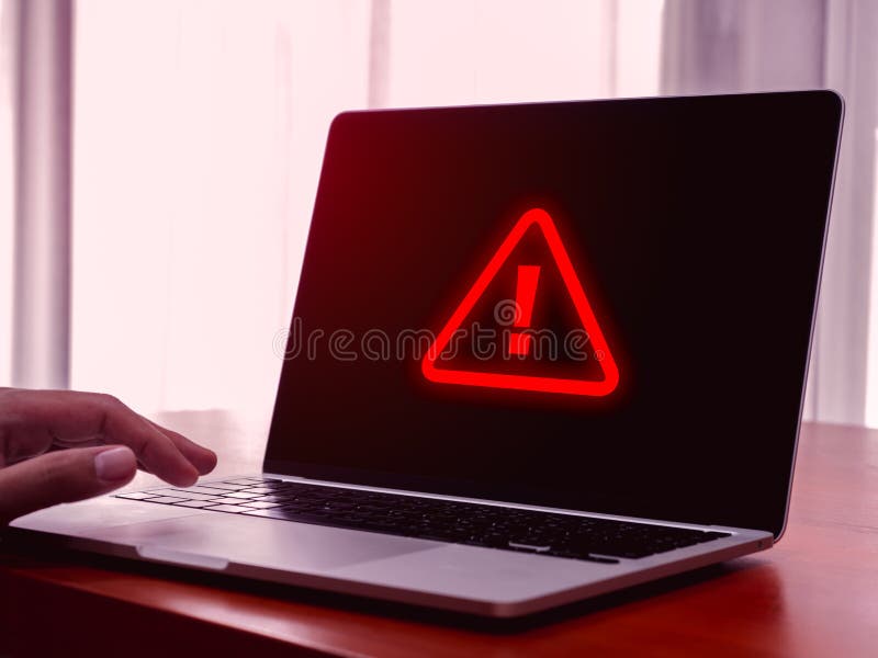 Virus alert. Red triangle, system hacked error sign, malware, attention danger symbol, system error, warning showing on screen stock images
