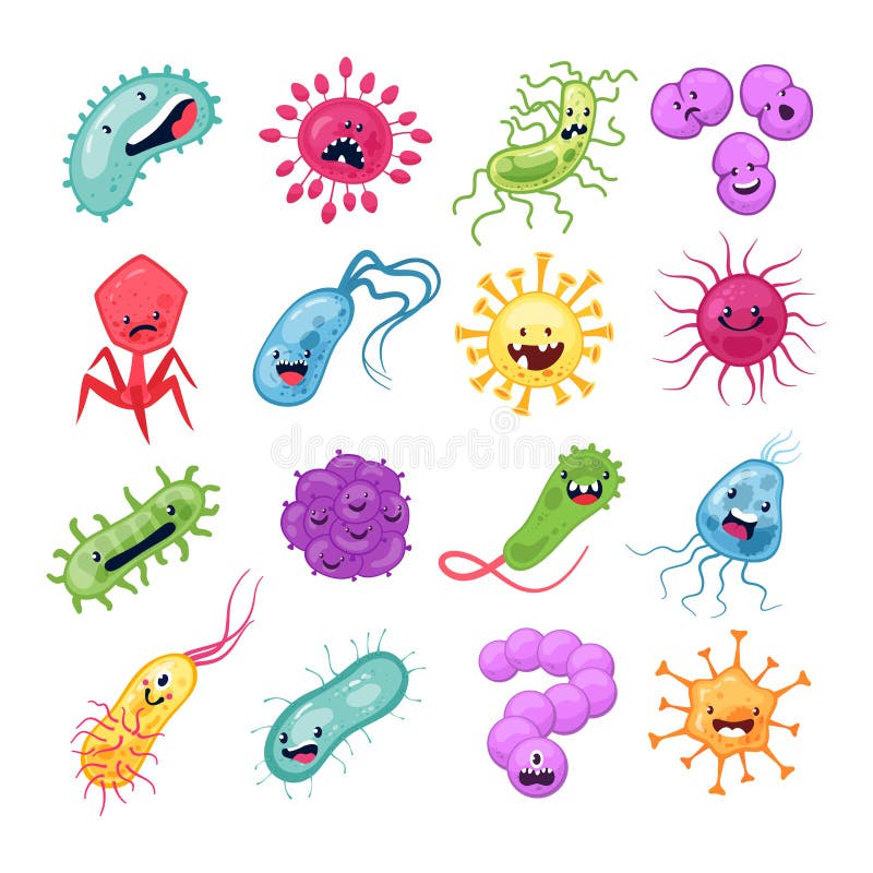 Virus characters. Funny viruses biological allergy microbes epidemiology bacterial infection germ flu microbiology