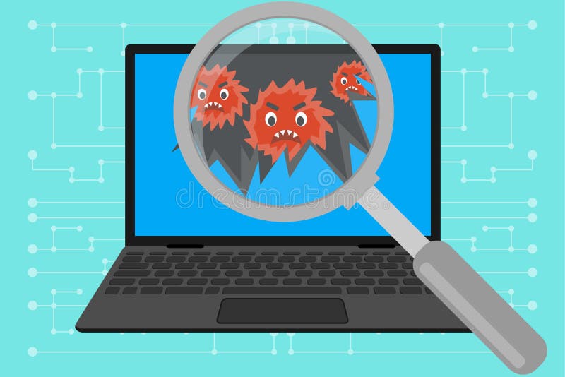 Virus Computer Destroying Laptop. Magnify Glass Found Virus On Laptop