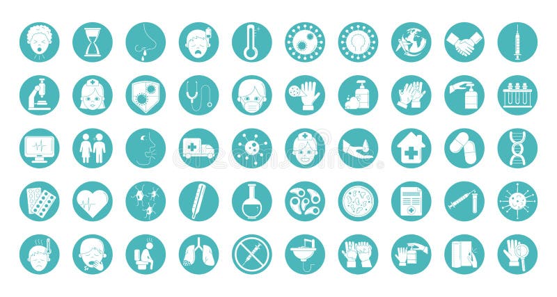 Virus covid 19 pandemic respiratory illness icons set line style