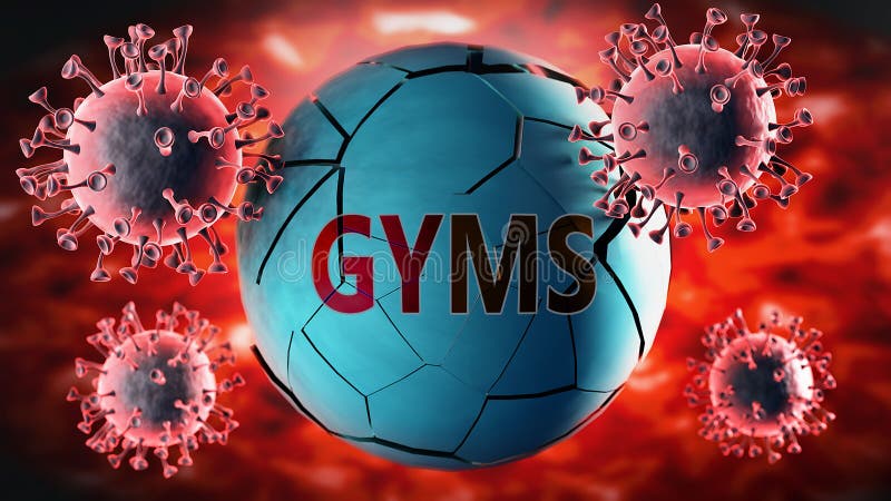 Covid-19 virus and gyms, symbolized by viruses destroying word gyms to picture that coronavirus outbreak destroys gyms and leads to recession, 3d illustration. Covid-19 virus and gyms, symbolized by viruses destroying word gyms to picture that coronavirus outbreak destroys gyms and leads to recession, 3d illustration.