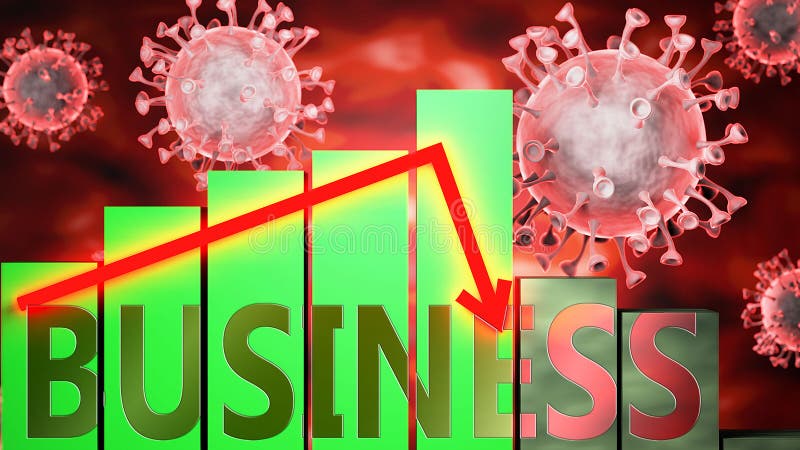 Virus des Geschäfts covid19 und Wirtschaftskrise symbolisiert durch Diagramm mit dem Wortgeschäft, das nach unten geht, dieses Cor stock abbildung
