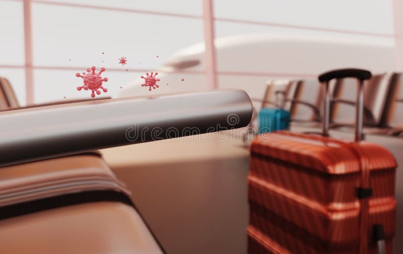 Virus di rendering 3d covid19 su sacchetto valigia e cancellazione del viaggio di volo. royalty illustrazione gratis