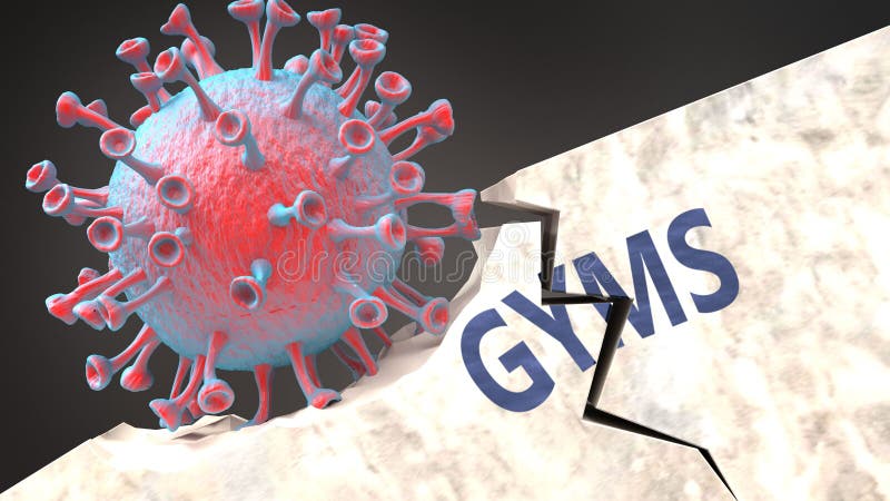 Covid virus destroying gyms - big corona virus breaking a solid, sturdy and established gyms structure, to symbolize problems and chaos caused by covid pandemic, 3d illustration. Covid virus destroying gyms - big corona virus breaking a solid, sturdy and established gyms structure, to symbolize problems and chaos caused by covid pandemic, 3d illustration.