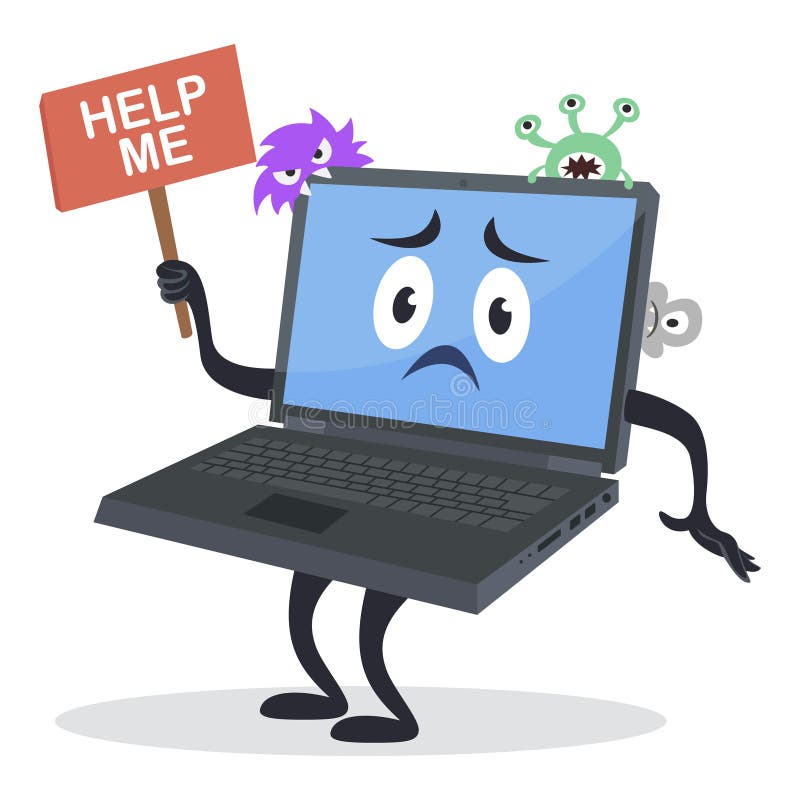 Virus infected laptop upset character vector isometric broken computer unhappy face expression vector illustration