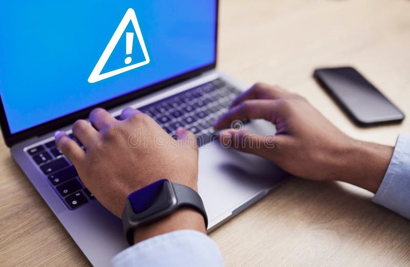 Virus, laptop error and business man hands with system crash and malware in a office. Cyber security, password problem royalty free stock photo