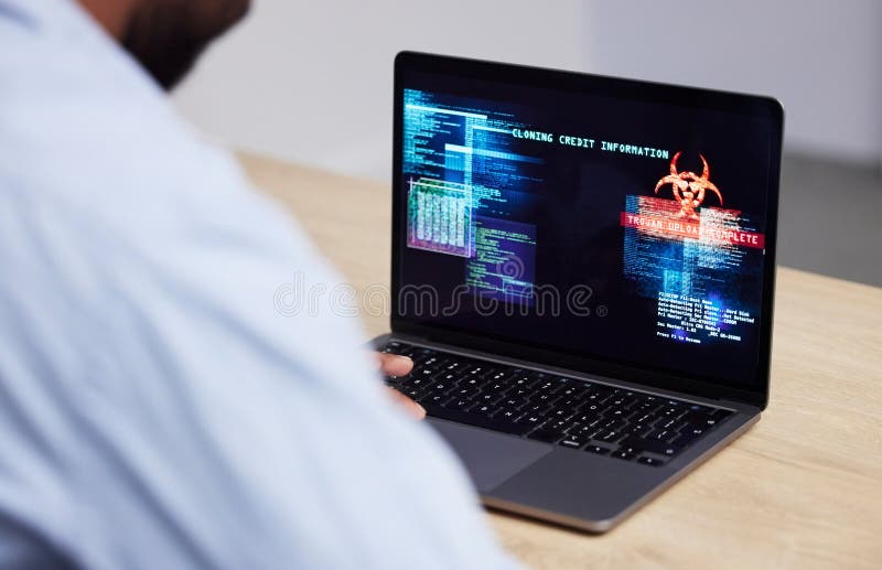 Virus, laptop hacking and business man back with system crash and malware in a office. Cyber security attack and royalty free stock images