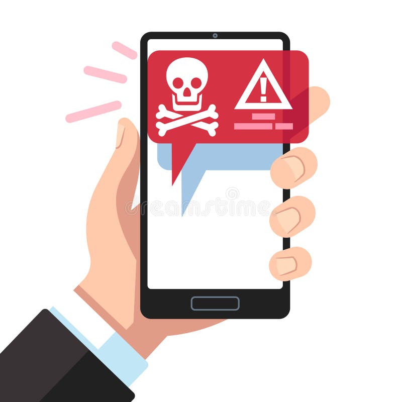 Virus notification on smartphone screen. Dangerous hacker alert message. Spam attack malware scam apps, error message stock illustration