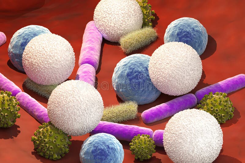 Virus- och bakterieceller med vita blodceller stock illustrationer