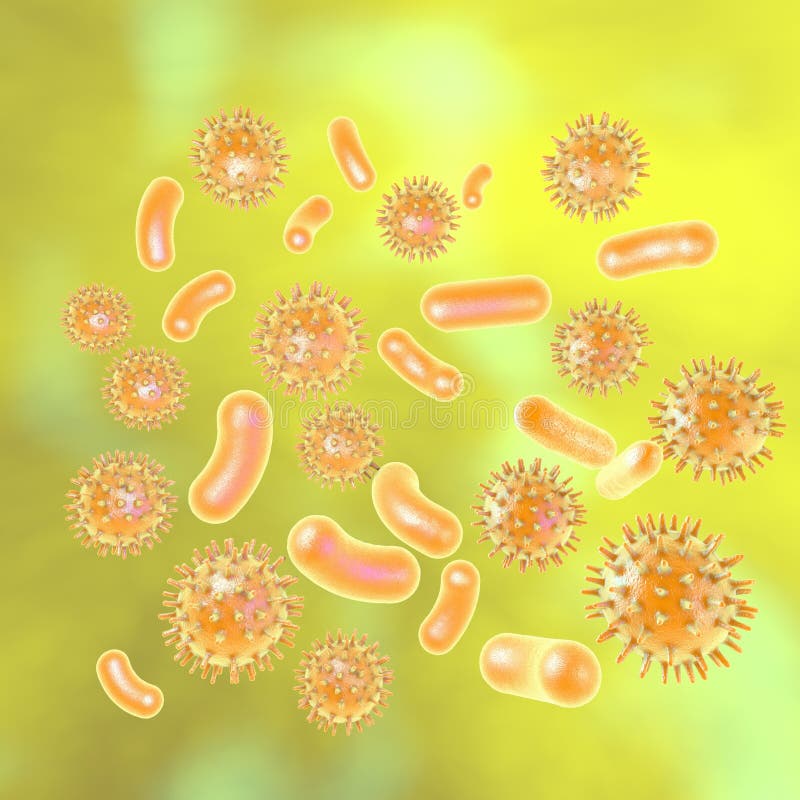 Virus och bakterier på gul bakgrund 3d illustration royaltyfri illustrationer