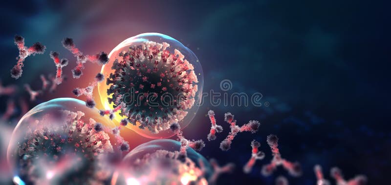 Virus onder microscoop. antilichamen en virale infectie. immuunverdediging van het lichaam
