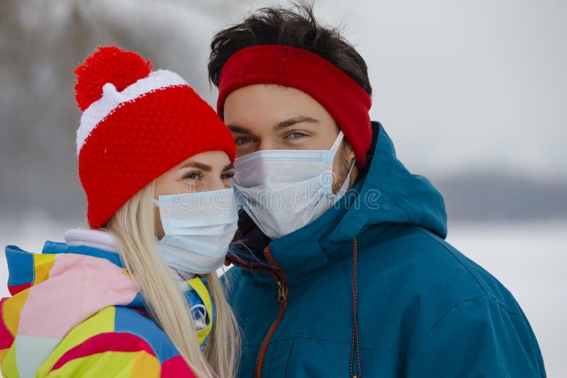 Virus Protection Ideas. Caucasian Couple Posing Together in Winter ...