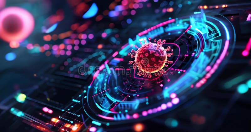 Virus removal process visualized by antivirus on a dark background. Cybersecurity expert stock illustration