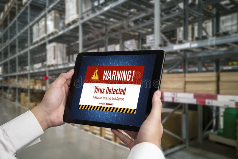 Virus warning alert on computer screen detected modish cyber threat stock photos