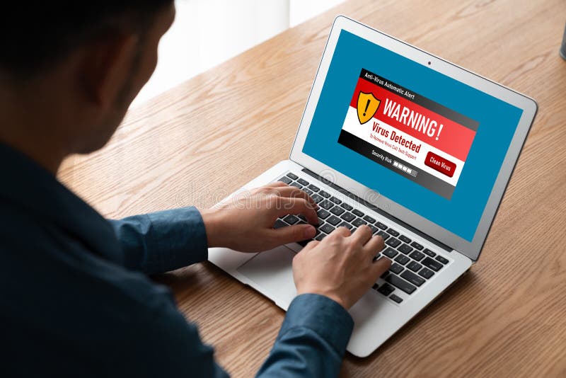 Virus warning alert on computer screen detected modish cyber threat stock photography