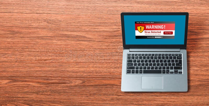 Virus warning alert on computer screen detected modish cyber threat stock image
