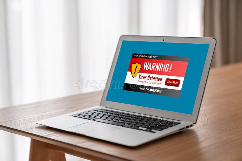 Virus warning alert on computer screen detected modish cyber threat stock photos