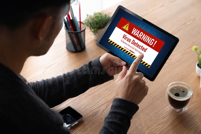 Virus warning alert on computer screen detected modish cyber threat stock photography