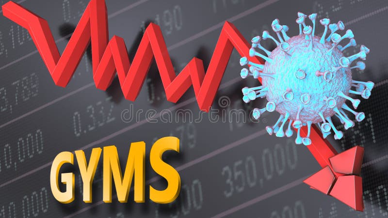 Covid virus and gyms, symbolized by a price stock graph falling down, the virus and word gyms to picture that corona outbreak impacts gyms in a negative way, 3d illustration. Covid virus and gyms, symbolized by a price stock graph falling down, the virus and word gyms to picture that corona outbreak impacts gyms in a negative way, 3d illustration.