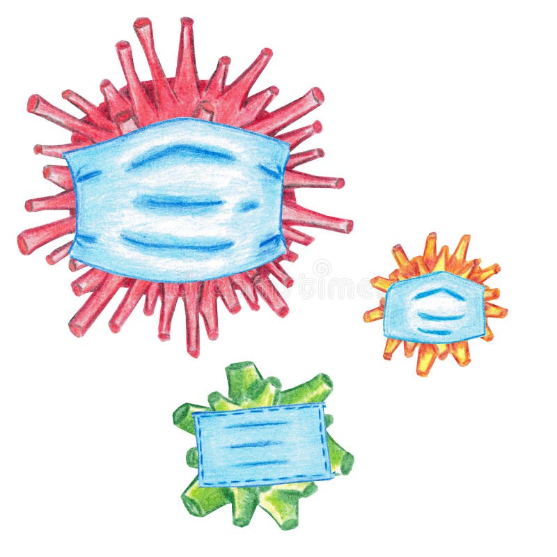 Virusuppsättning i medicinska masker Stoppa koronavirus och influensapandemi stock illustrationer