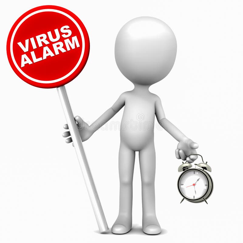 Little 3d man showing a virus alarm, holding a red banner against white background with alarm clock in other hand. Little 3d man showing a virus alarm, holding a red banner against white background with alarm clock in other hand