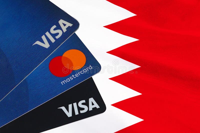 Visa Card, Mastercard, Debit Cards on Bahrain Flag Background Editorial