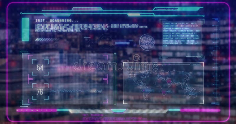 Visa futuristiskt digitalt gränssnitt med global karta och data över cityscape stock video