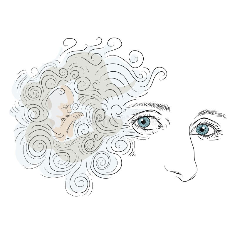 Visage de femme avec des yeux bleus et des cheveux bouclés Petit sommeil de bébé garçon Illustration de vecteur sur le fond blanc illustration libre de droits Visage de femme avec des yeux bleus et des cheveux bouclés Petit sommeil de bébé garçon Illustration de vecteur sur le fond blanc illustration libre de droits
