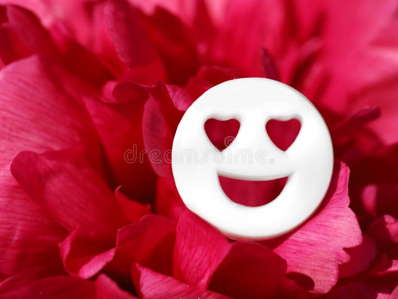 Visage souriant blanc avec les yeux du coeur en pétales de rose rouge image de concept pour valentines jour ou être en amour images stock