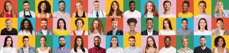 Visages joyeux. mosaïque d'hommes et de femmes multiethniques heureux sur des milieux colorés image libre de droits