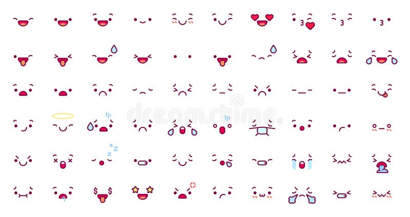 Visages mignons d'emoji d'émoticône. Expression de visage de kawaii de bande dessinée dans le caractère anime japonais. Cri de bai