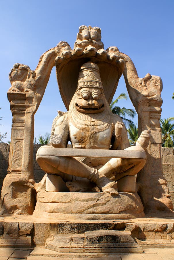 Statue of Lakshmi Narasimha, the fourth incarnation of Lord Vishnu, Hampi, Karnataka state, India