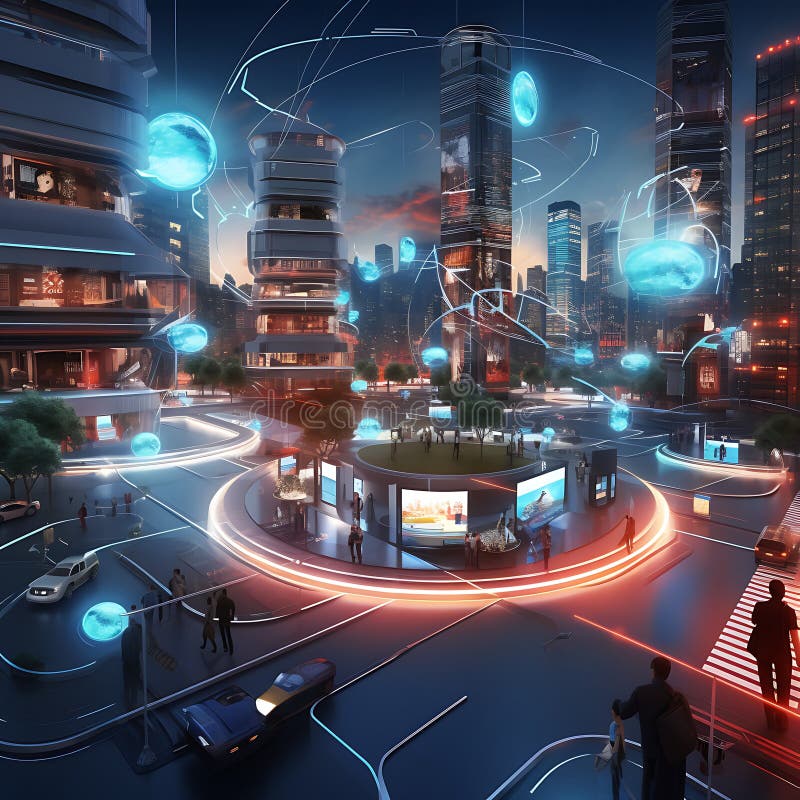 Visible threads of communication and control run through this smart city, illustrating the sophisticated network that manages. Illuminated Smart City with Dynamic Data Circuits at Night