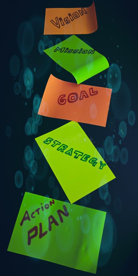 vision mission goal strategy action plan concept displaying with black background isolated abstract background