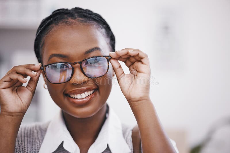 Vision Mockup And Portrait Of Happy Woman With Glasses In Clinic For 