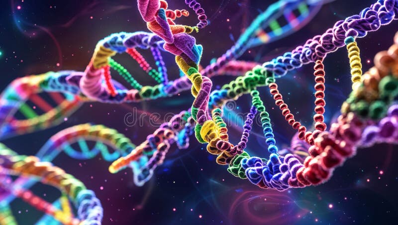 Visione delle linee numerologiche arcobaleno che scorrono attraverso la struttura di elica del DNA illustrazione vettoriale
