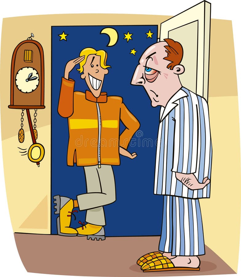 Cartoon illustration of guy visiting man in the middle of the night. Cartoon illustration of guy visiting man in the middle of the night