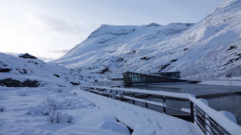 Visitor Centre on Trollstigen in Snow in Norway in Autumn Stock Photo ...