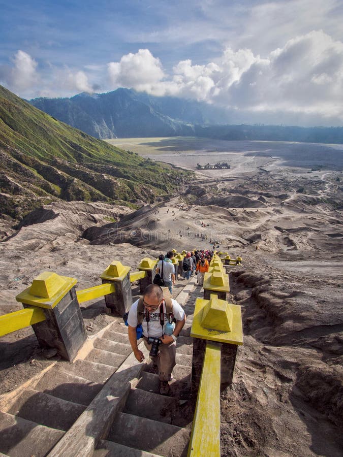 Visitors Climbing Stairs to the Rim of Gunung Bromo Volcano