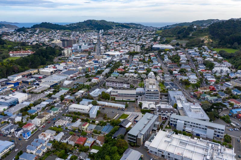 Visión aérea, nueva vecindad de la ciudad, Wellington NZ fotografía de archivo libre de regalías Visión aérea, nueva vecindad de la ciudad, Wellington NZ fotografía de archivo libre de regalías