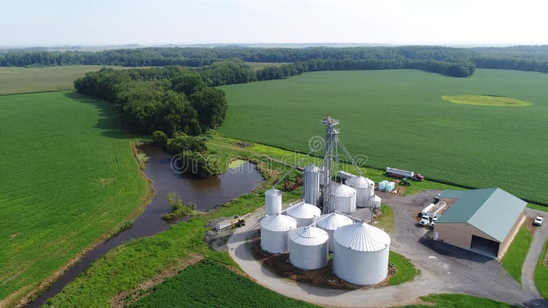 Visión aérea que vuela sobre los campos y las granjas Smyrna Delaware del maíz y de la soja