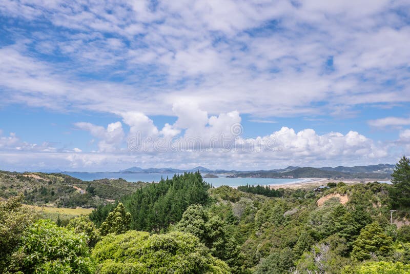 Visión sobre paisaje del arbusto al puerto y a la playa de Ngunguru en verano fotografía de archivo Visión sobre paisaje del arbusto al puerto y a la playa de Ngunguru en verano fotografía de archivo
