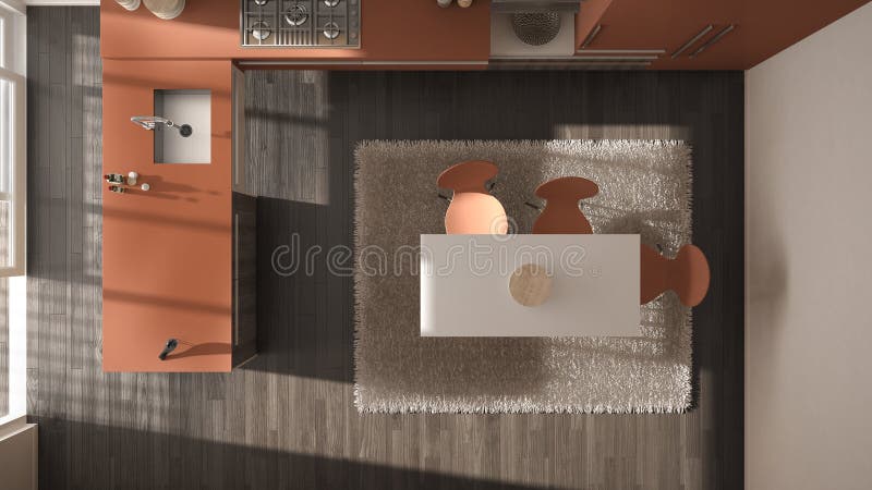 Visión superior, cocina de madera minimalistic moderna con diseño interior de la alfombra, amarilla y roja de la arquitectura de stock de ilustración Visión superior, cocina de madera minimalistic moderna con diseño interior de la alfombra, amarilla y roja de la arquitectura de stock de ilustración